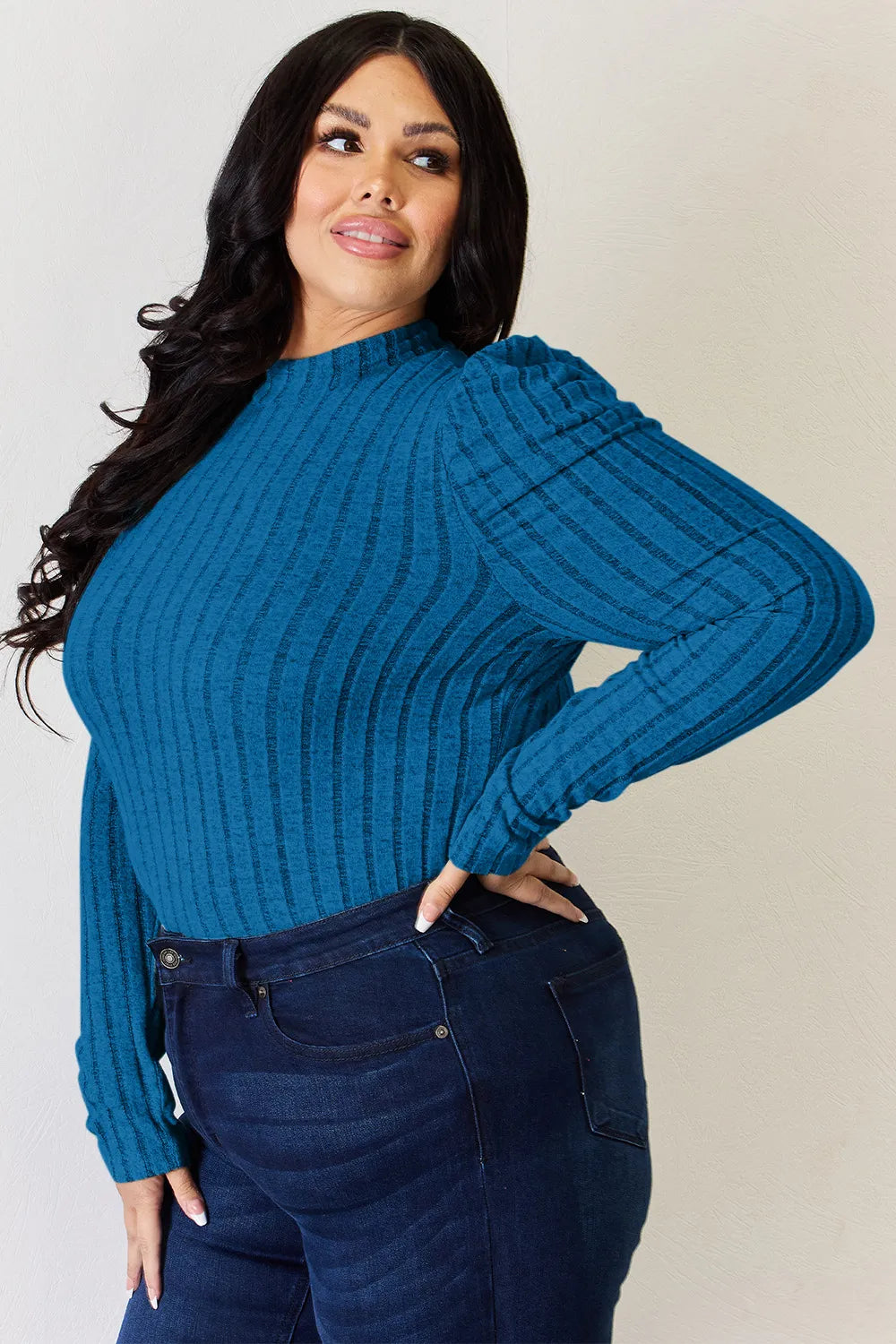I am a Fashion junky Full Size Ribbed Mock Neck Puff Sleeve T-Shirt