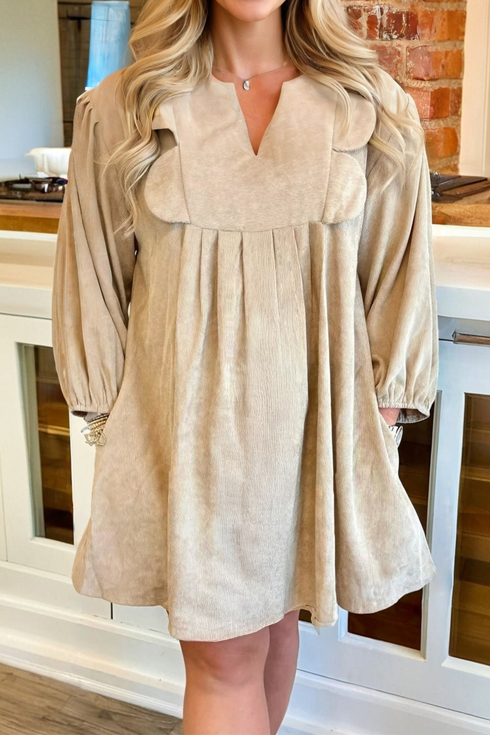 Parchment Notched Neck Scallop Detail Plus Size Mini Dress