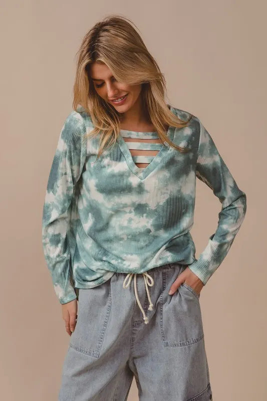 Variegated Tie Dye Rib V-Neck Top with Strapped