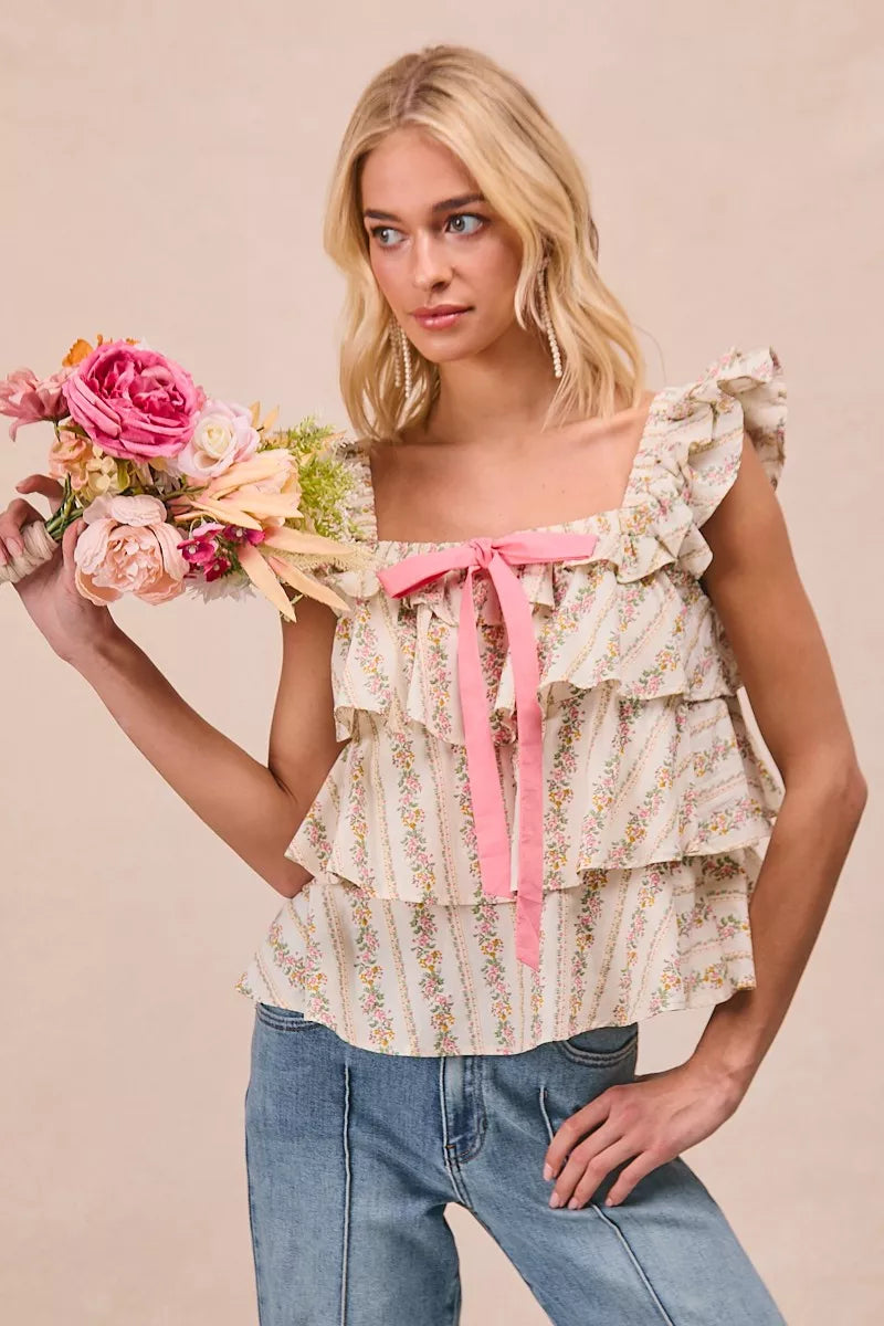 Floral Printed Woven Front Bow Tied Ruffled Square Neck Sleeveless Top