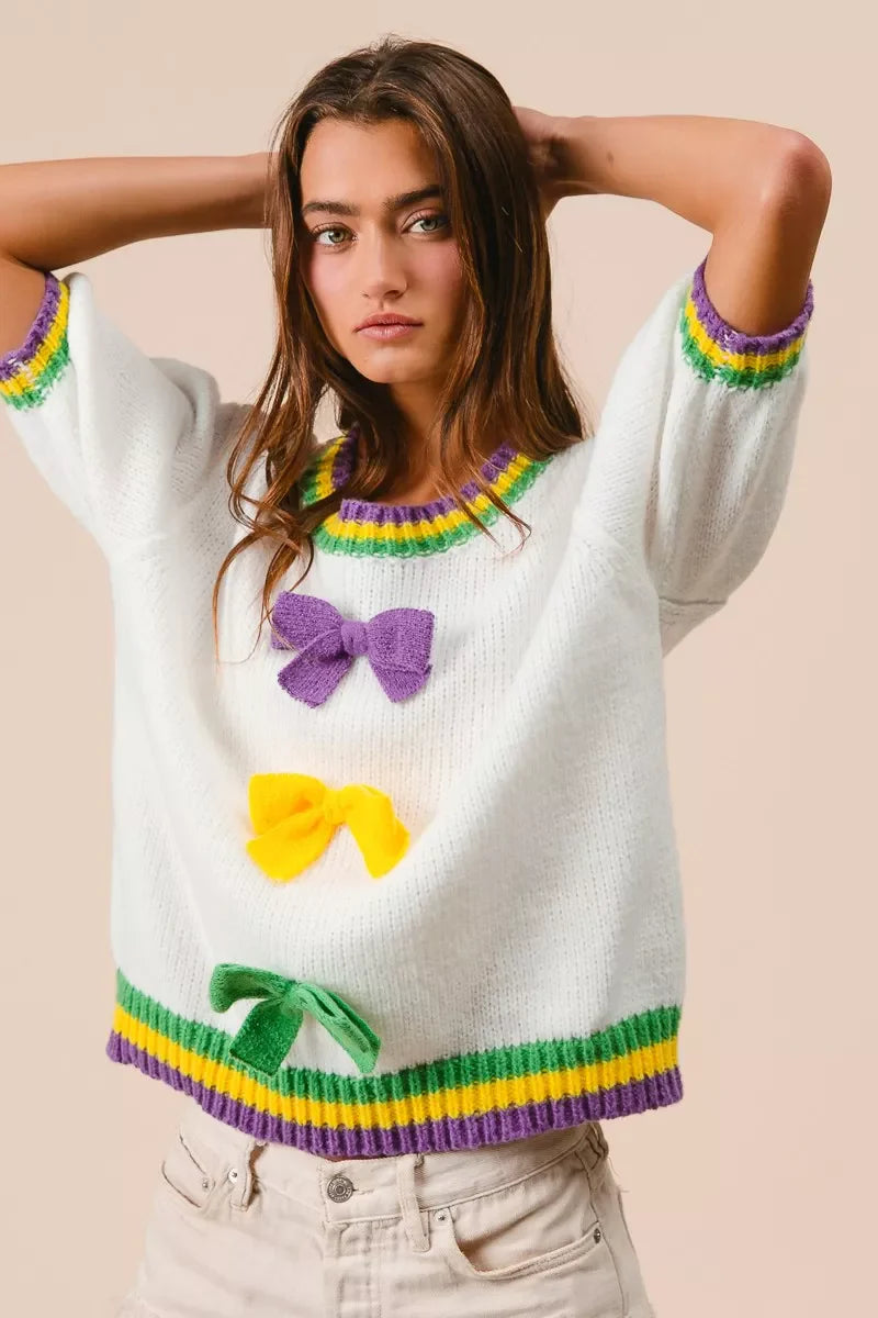 Short Puff Sleeve Ribbon Bow Mardi Gras Sweater