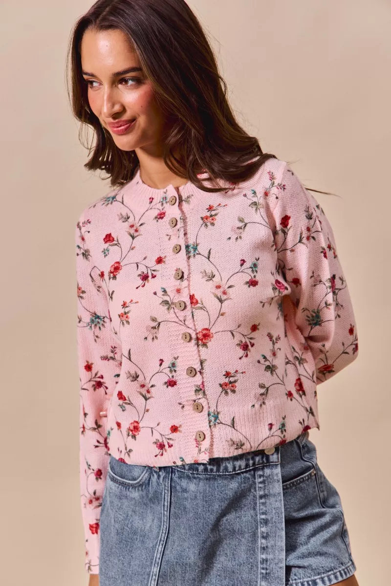 Floral Print Button Front Sweater Cardigan Top