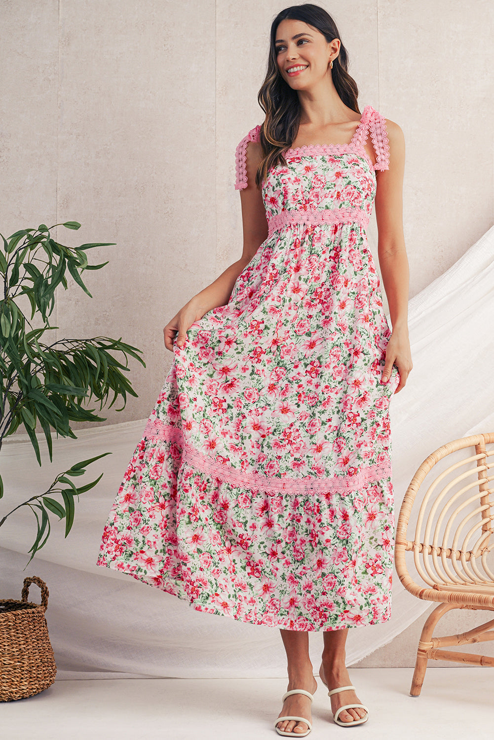 Green Floral Lace Tied Strap Empire Waist Maxi Dress