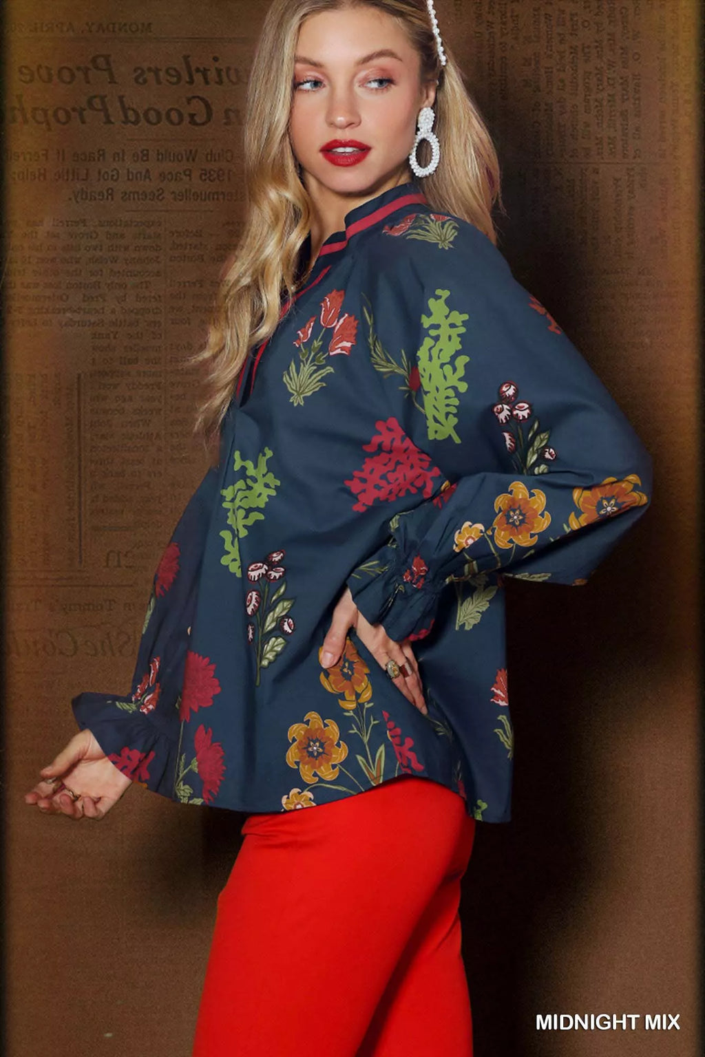 Floral Print Flounce Sleeve Blouse