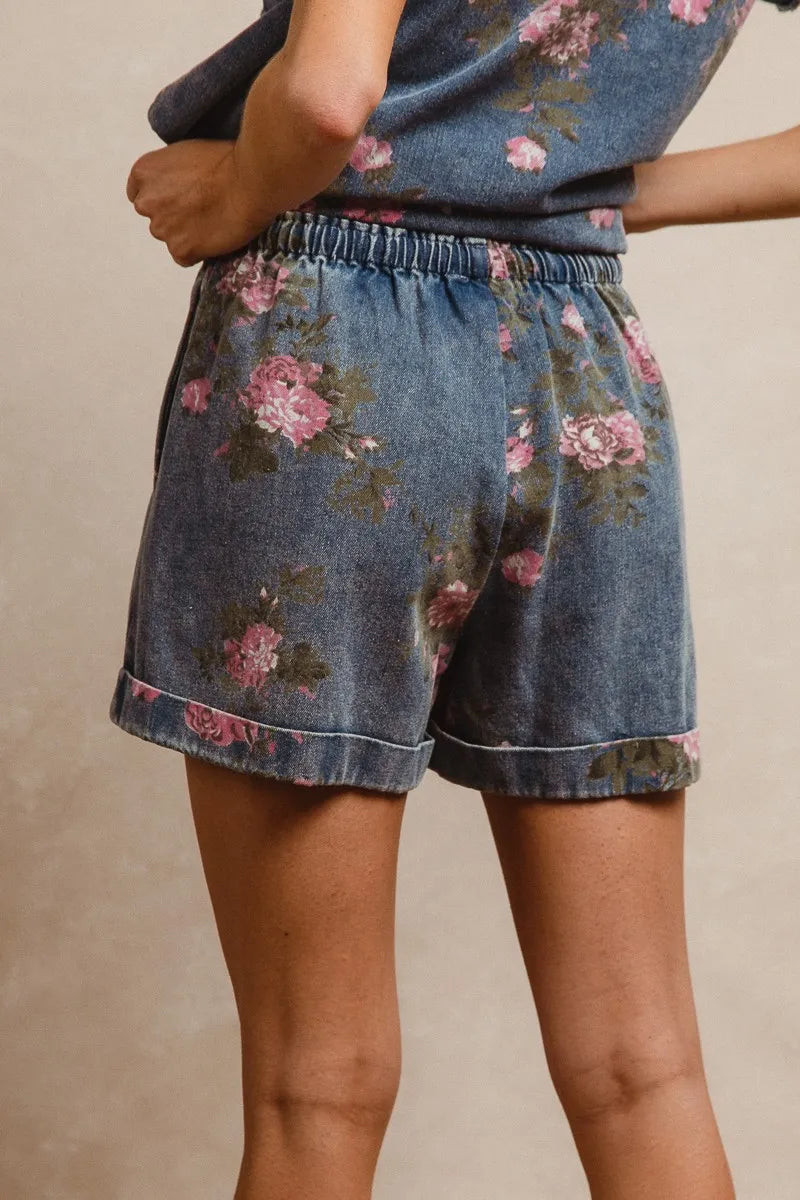 Floral Printed Denim Short Pants With Pocket