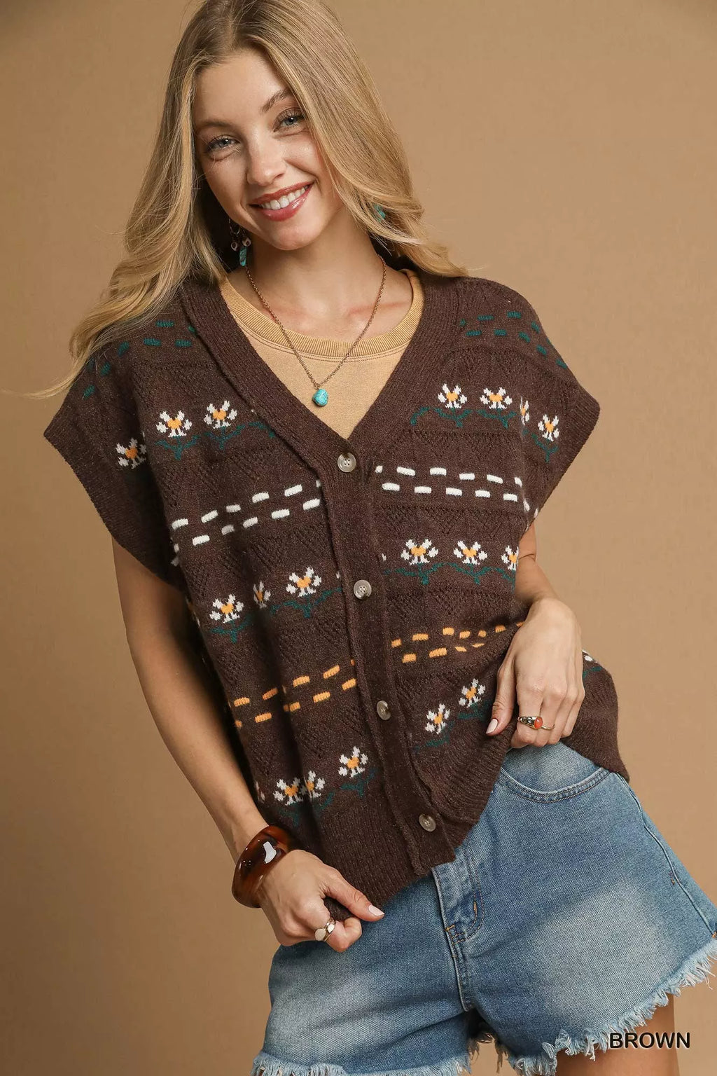 Button-Down Knit Vest with Floral Pattern