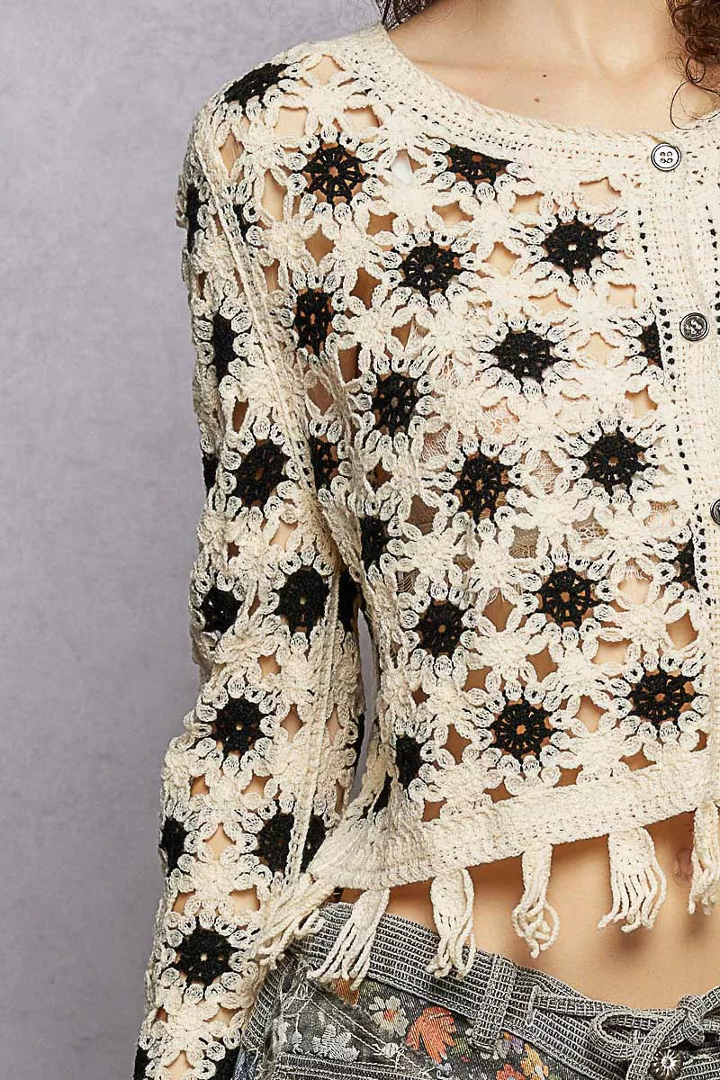 Openwork Floral Crochet Cardigan with Tassel Hem