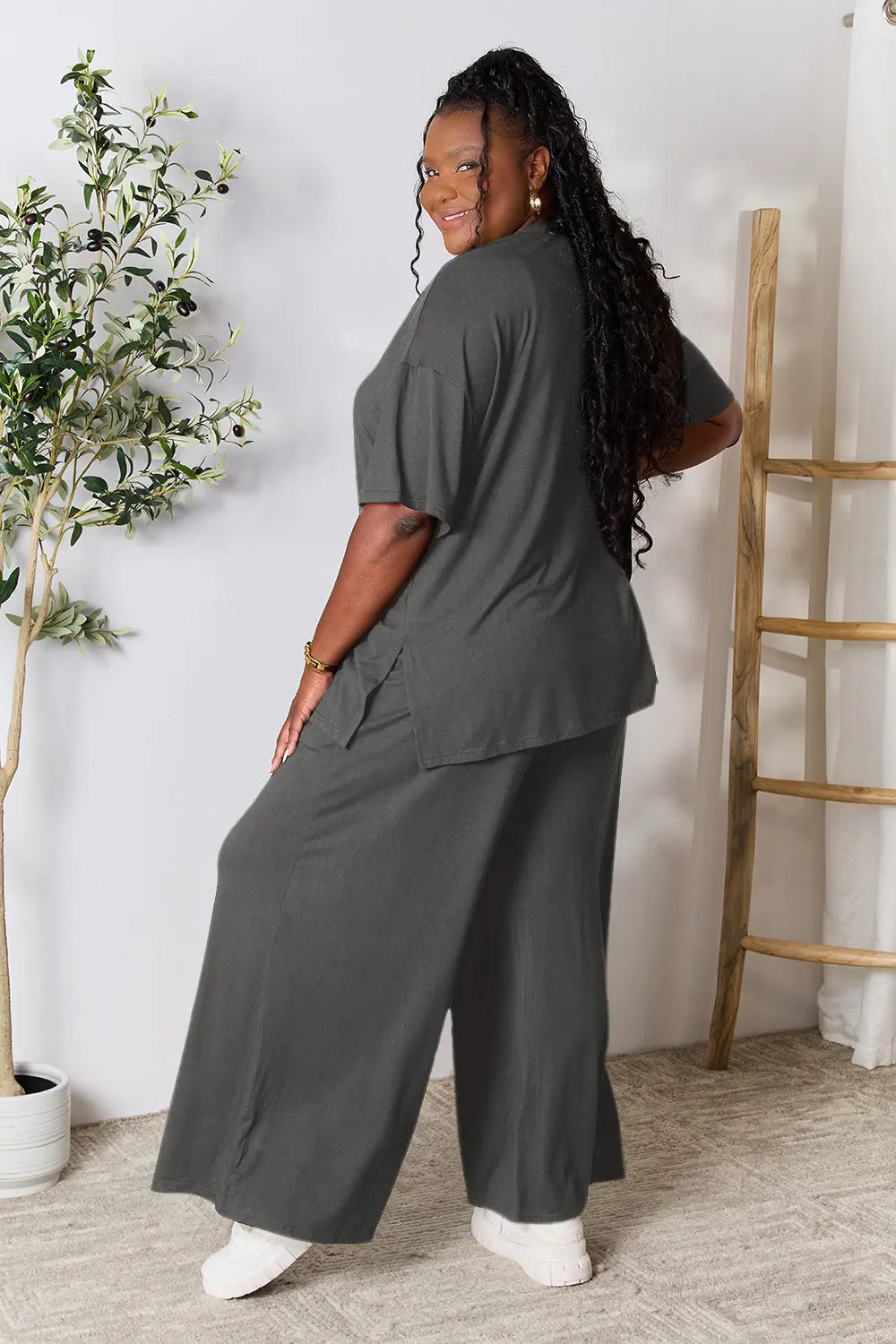 I am a Fashion Junky Full Size Round Neck Slit Top and Pants Set