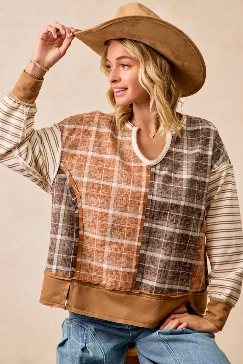 Plaid And Stripe Mix And Match Top With Open Seam