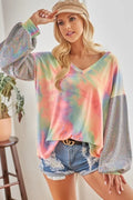 V Neck Tie Dye French Terry Top with Shiny