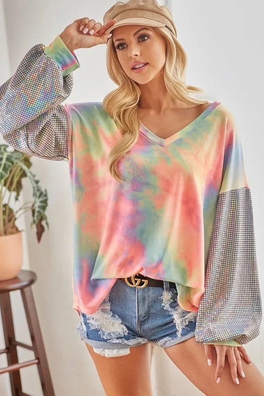 V Neck Tie Dye French Terry Top with Shiny