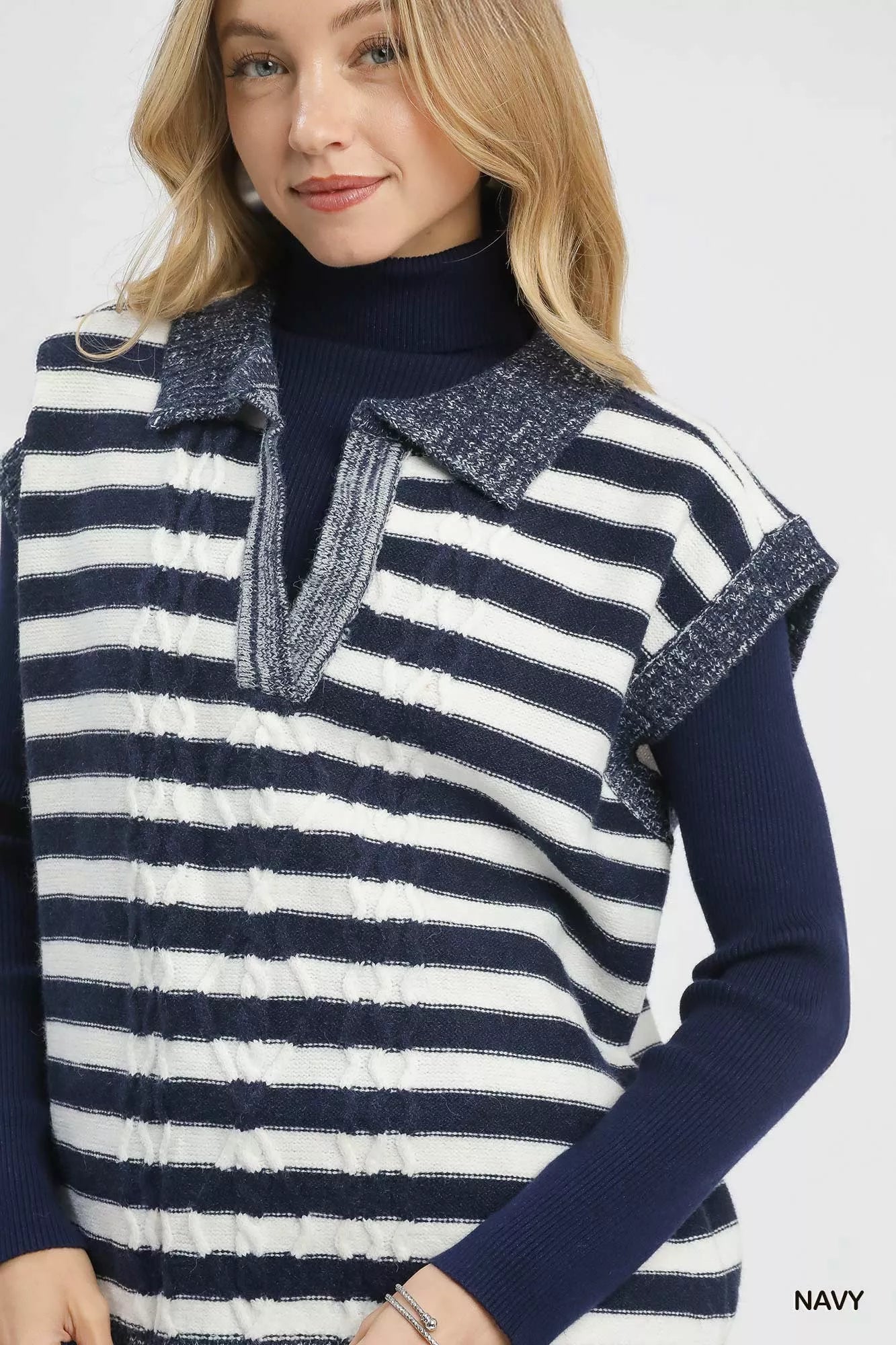 Cable Knit Collared Striped Vest Sweater