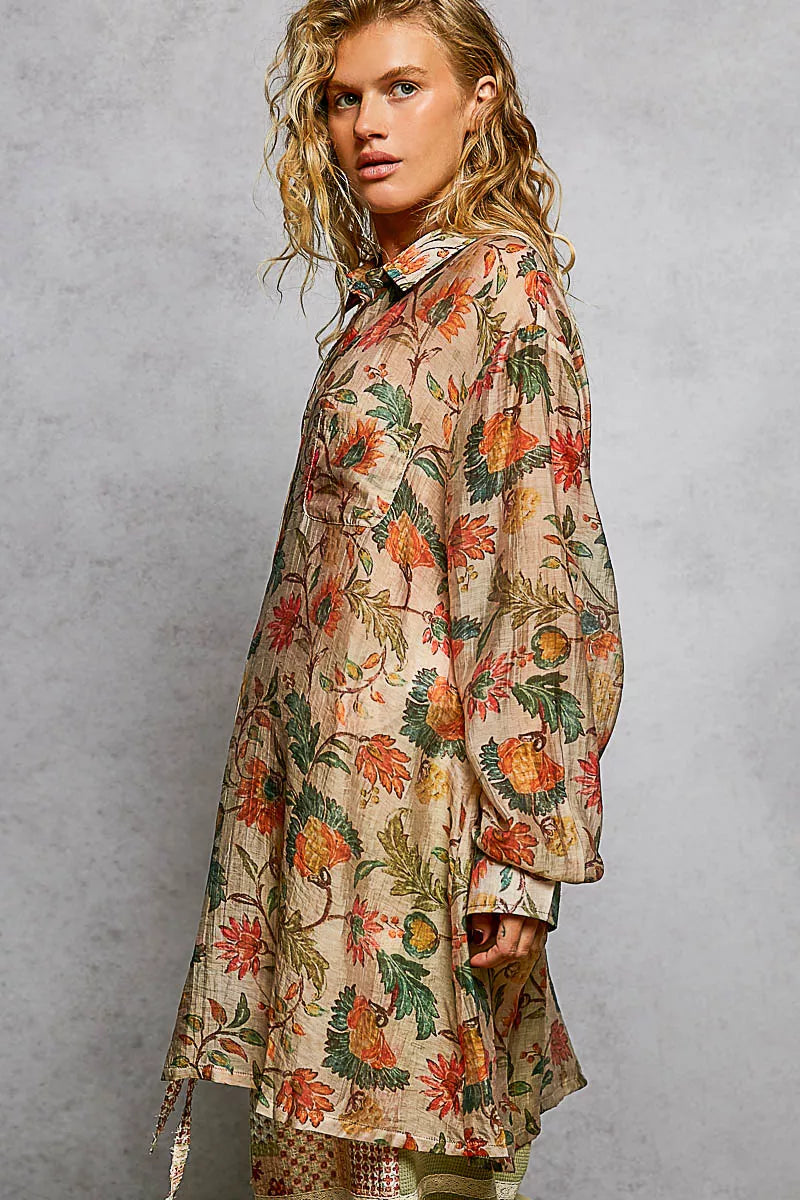 Metal Button Down Floral Long Sleeve Shirt