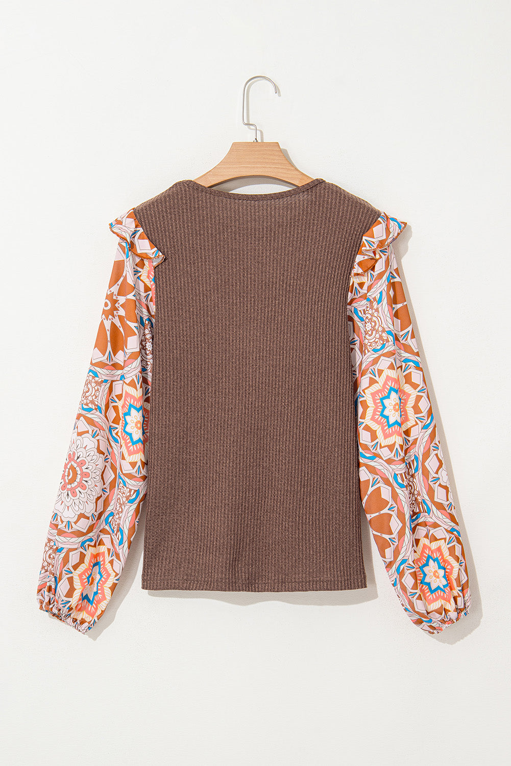 Ruffle Floral Sleeve Patchwork Waffle Top
