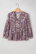 Blue Boho Flower Print 3/4 Sleeve Babydoll Blouse