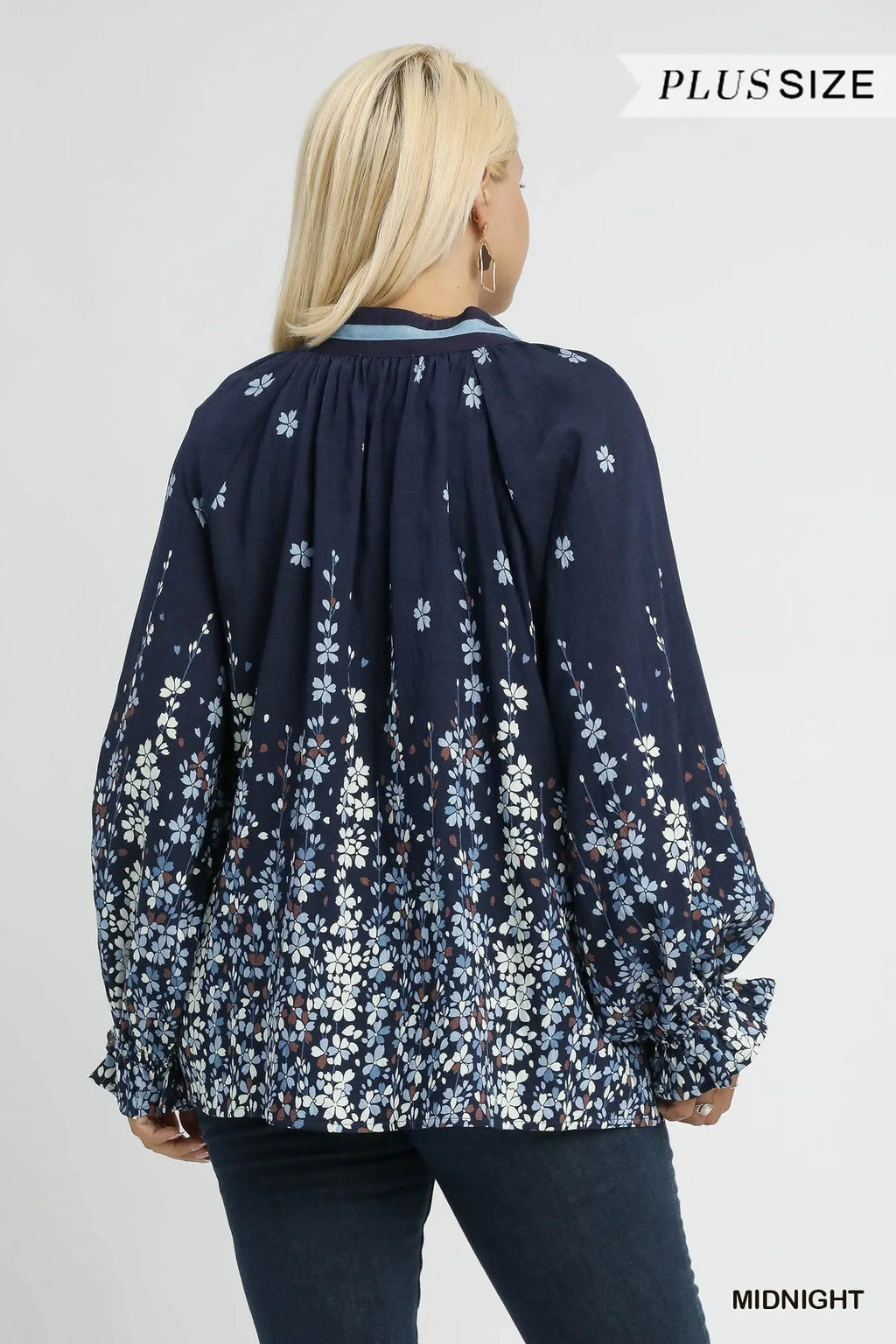 Full Size Floral Vine Print Blouse with Balloon Sleeves Plus Size