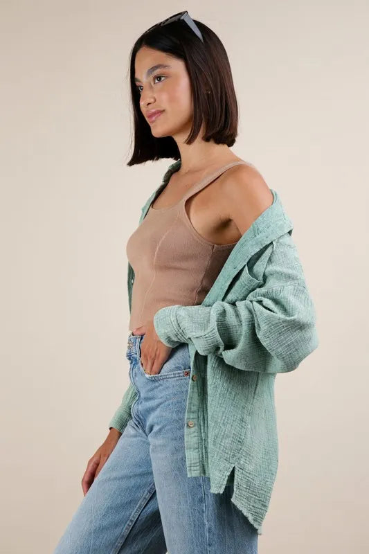 VERY J Mineral Washed Gauze Button Down Shirt