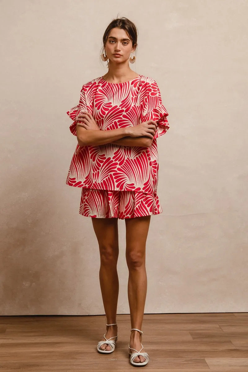 Print Woven Ruffled Sleeves Top