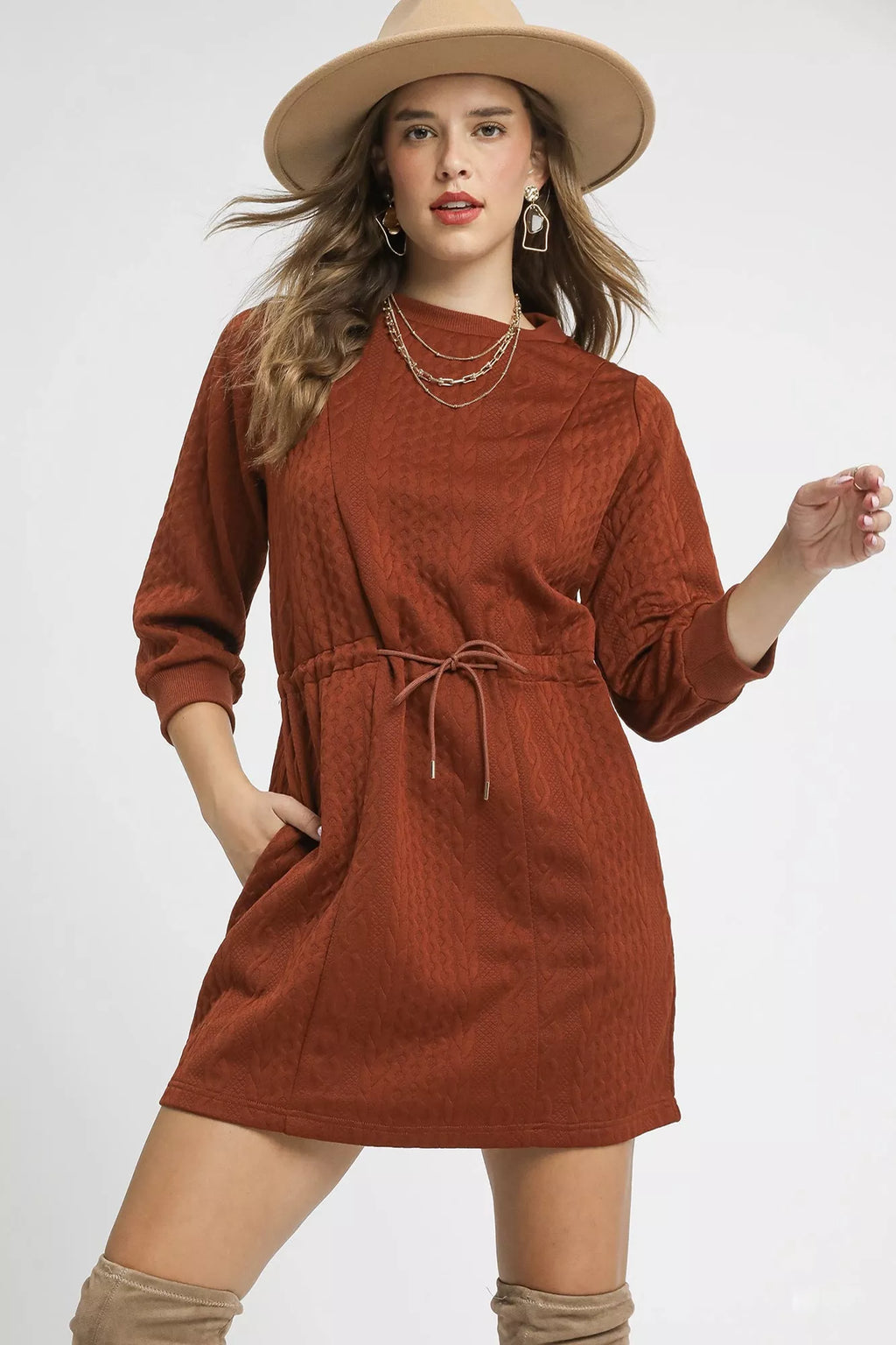 Drawstring Cable Knit Mini Dress with Pockets