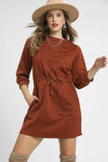 Drawstring Cable Knit Mini Dress with Pockets