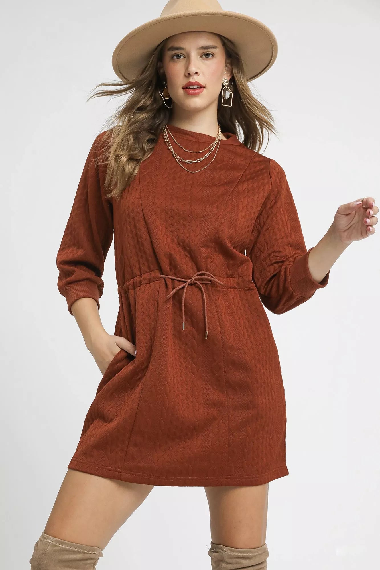 Drawstring Cable Knit Mini Dress with Pockets