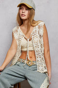 Tie Front Floral Pattern Crochet Vest with Scalloped Edge