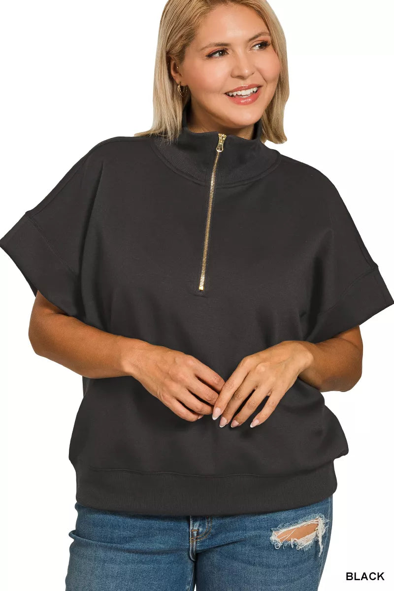 Full Size Scuba High Neck Half Zip Short Sleeve Top Plus Size