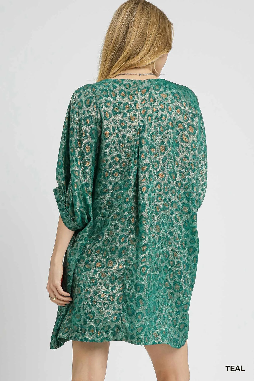 Metallic Leopard Print V-Neck Kimono Dress