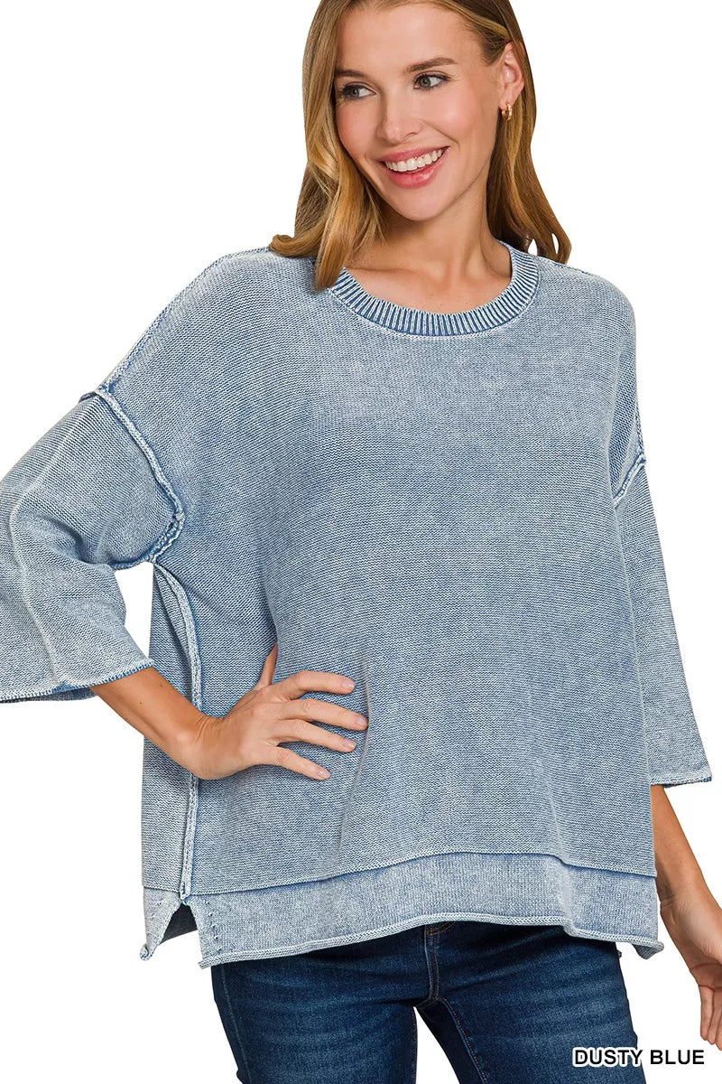 Washed 3/4 Sleeve Boxy Sweater