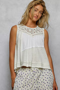 Round Neck Sleeveless Top with Crochet Contrast