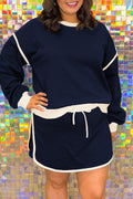 Navy Blue Plus Color Block Drop Shoulder Top and Lace-up Skirt Outfit