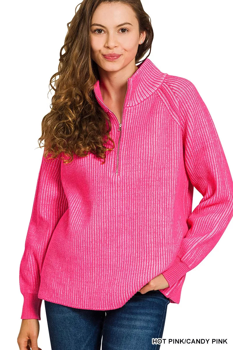 Ribbed Two Tone Half Zip Sweater