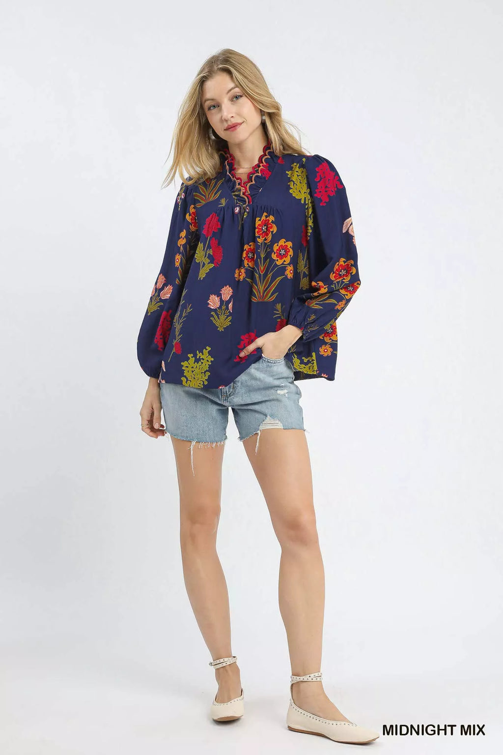 Flower Print Blouse with Scalloped Neckline
