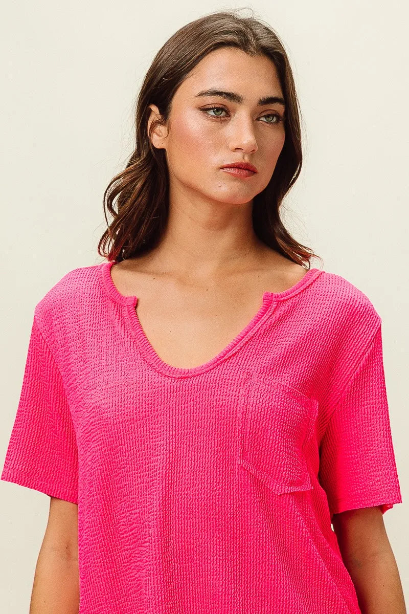 Waved Rib U Neck Top With Front Pocket
