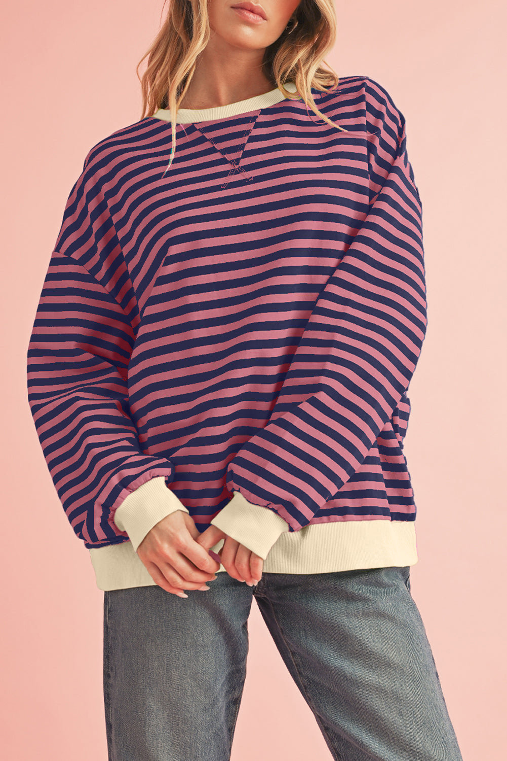 Black Stripe Contrast Edge Cross Seam Oversized Sweatshirt