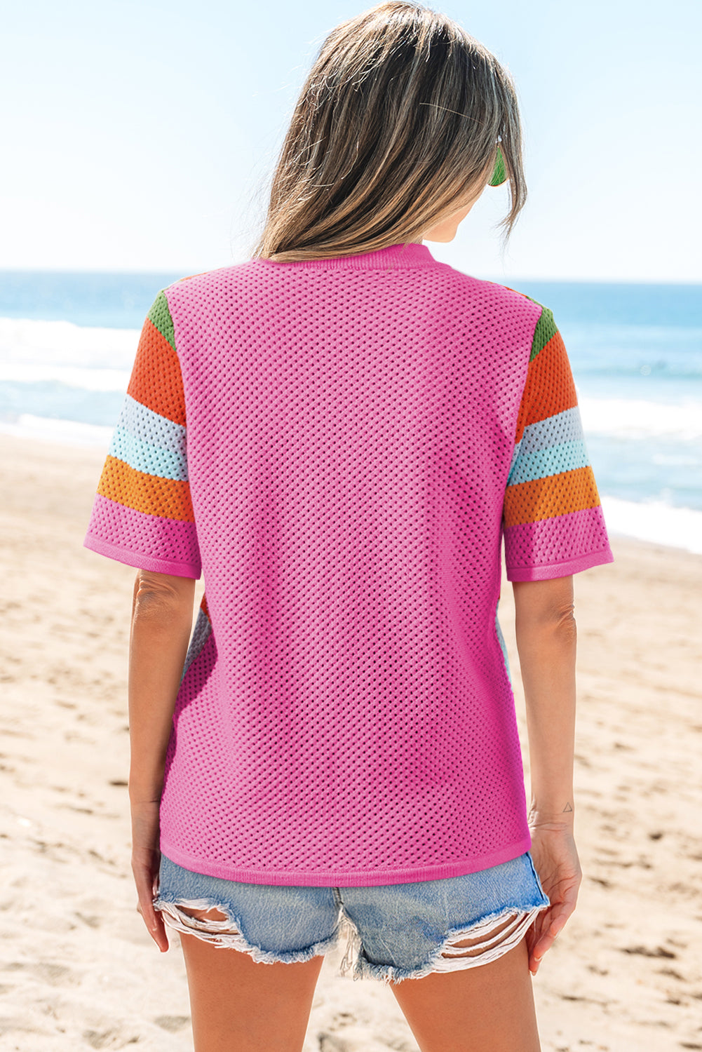 Orange Color Block Eyelet Casual Sweater T Shirt