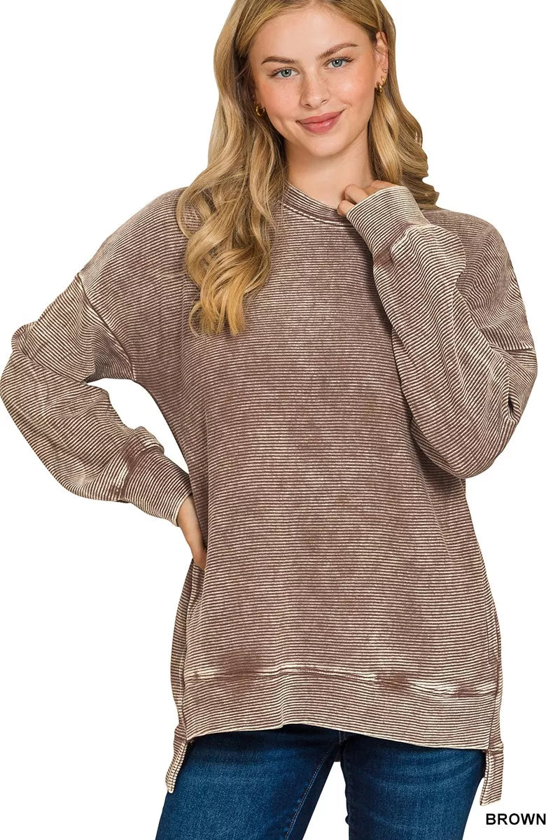 Full Size Acid Washed Double Ribbed Hi-low Sweatshirt Plus Size