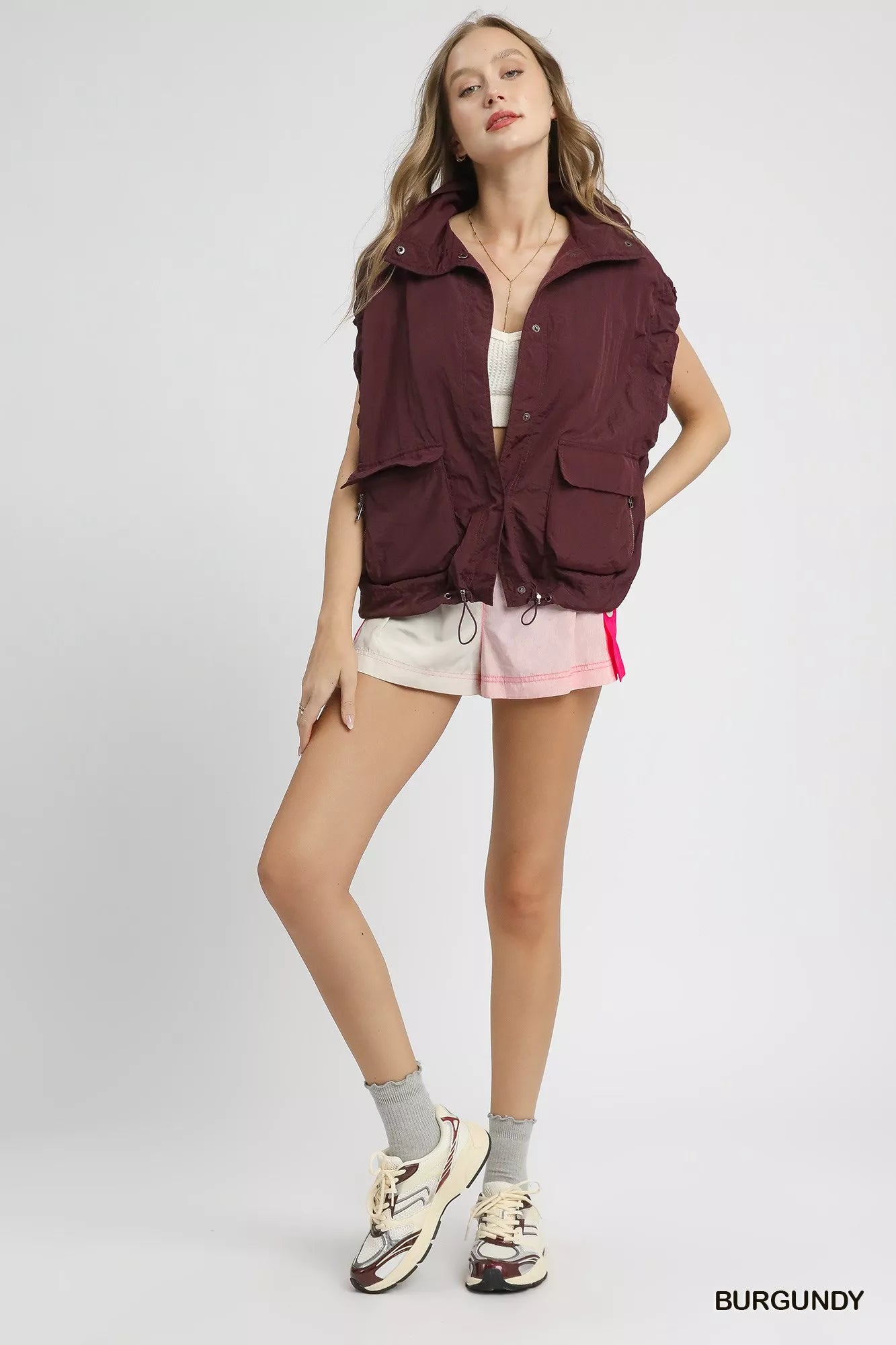 Drawstring Hem Nylon Vest with Pockets