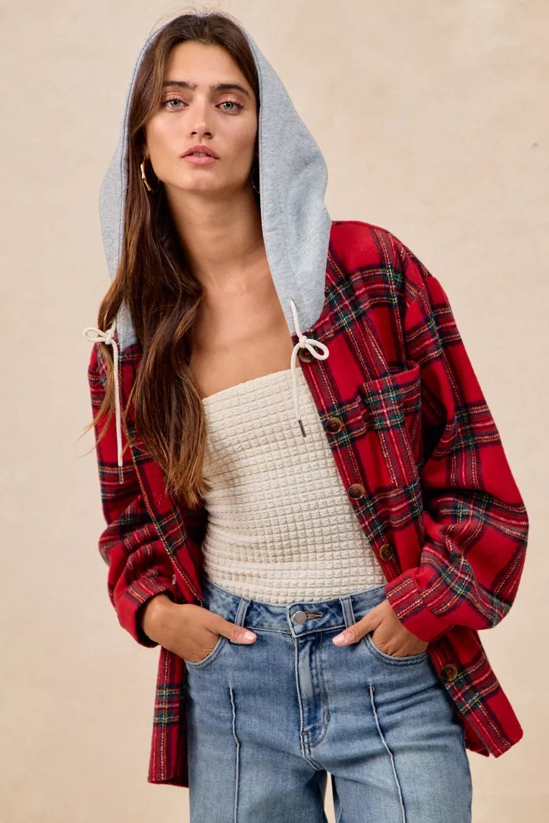 Brushed Plaid Hooded Jacket