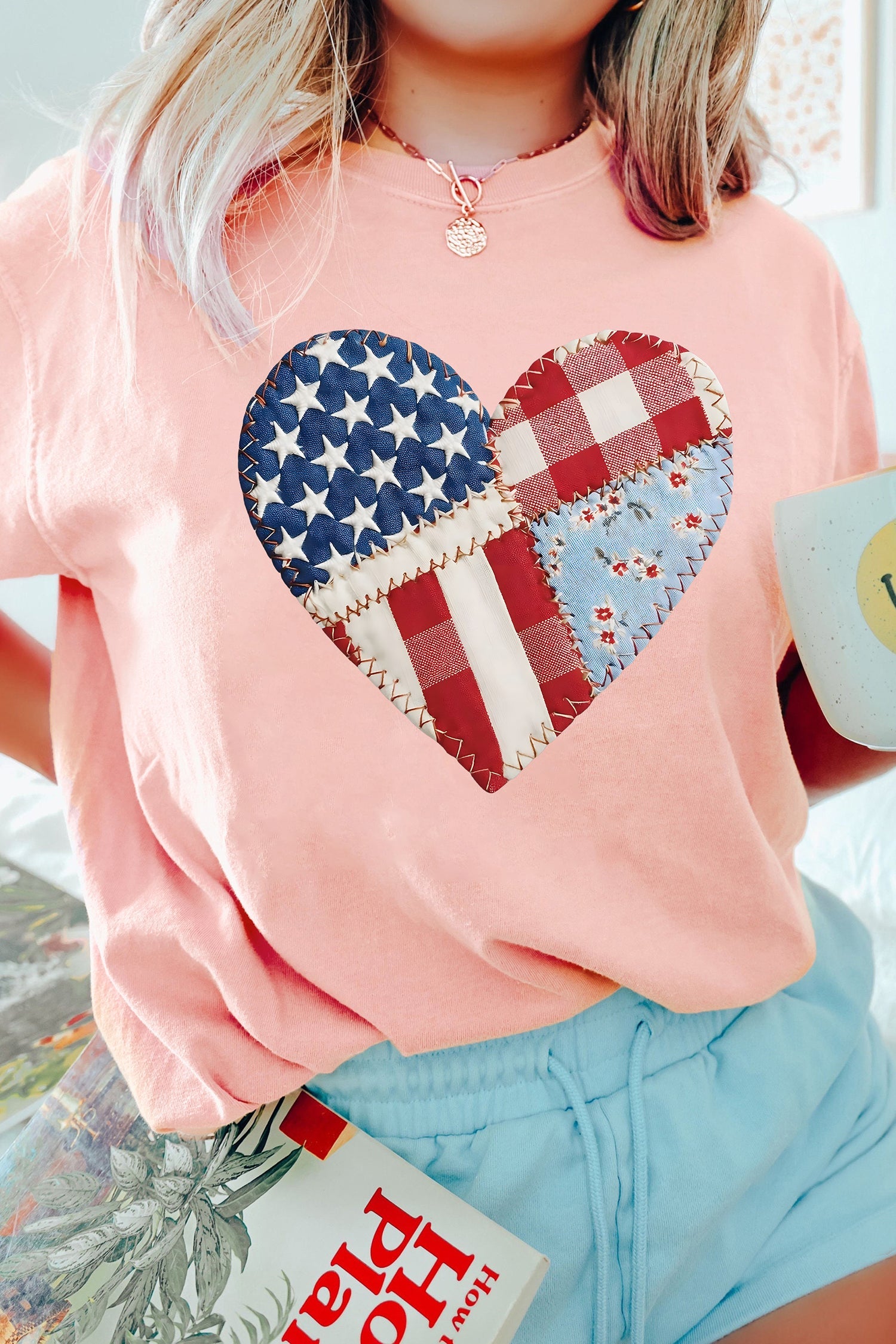 Pink Patriotic Heart DTG Faux Patchwork Printed Tee
