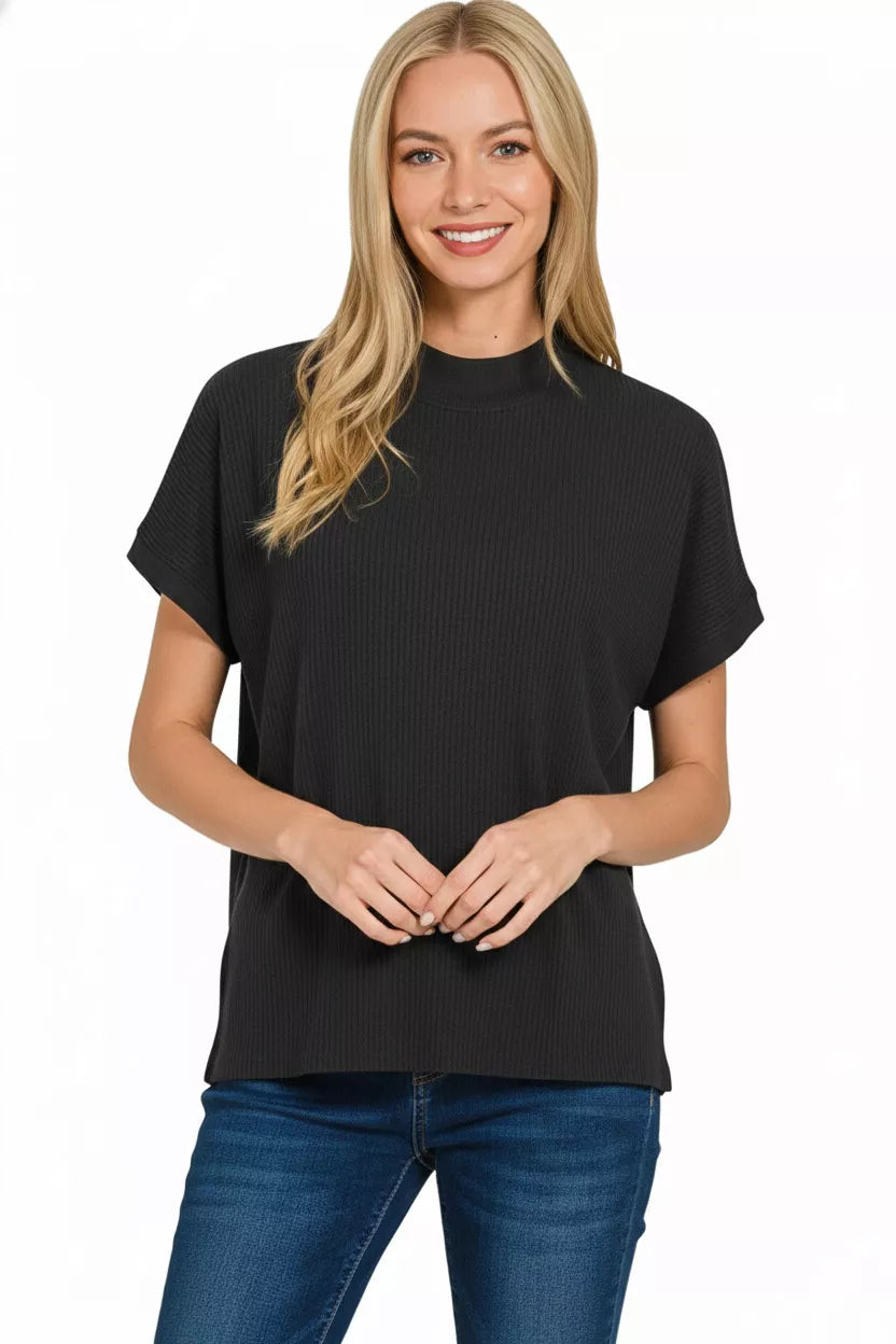 Viscose Mock Neck Short Sleeve Boxy Sweater