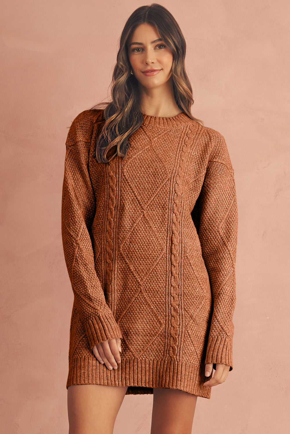 Mist Green Twist Cable Knit Drop Shoulder Loose Fit Sweater Dress
