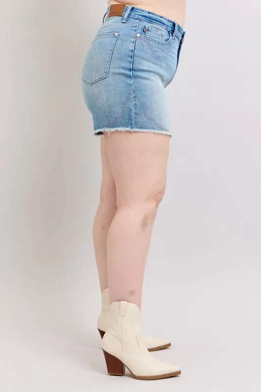 Full Size High Waist Western Embroidery Detail Cut Off Denim Shorts Plus Size