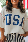 White Plus Size Twisted Rib Vintage USA Letter Printed T Shirt