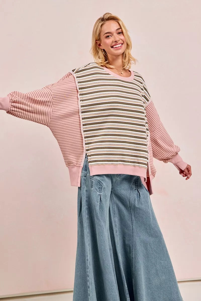 Stripe Mixed Top With Cut Edge And Reverse Outseam