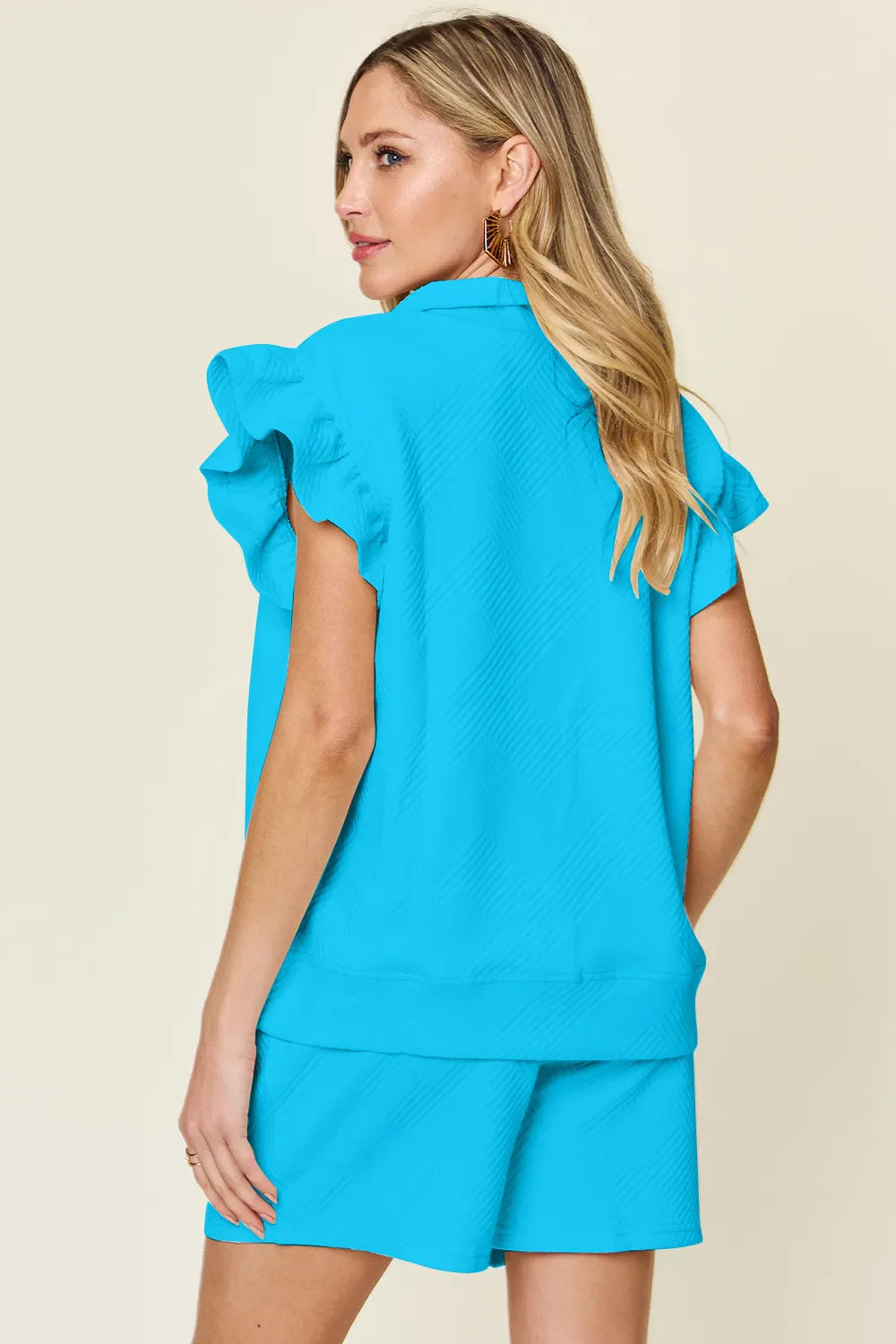 I am a Fashion Junky Full Size Texture Flounce Sleeve Top and Drawstring Shorts Set