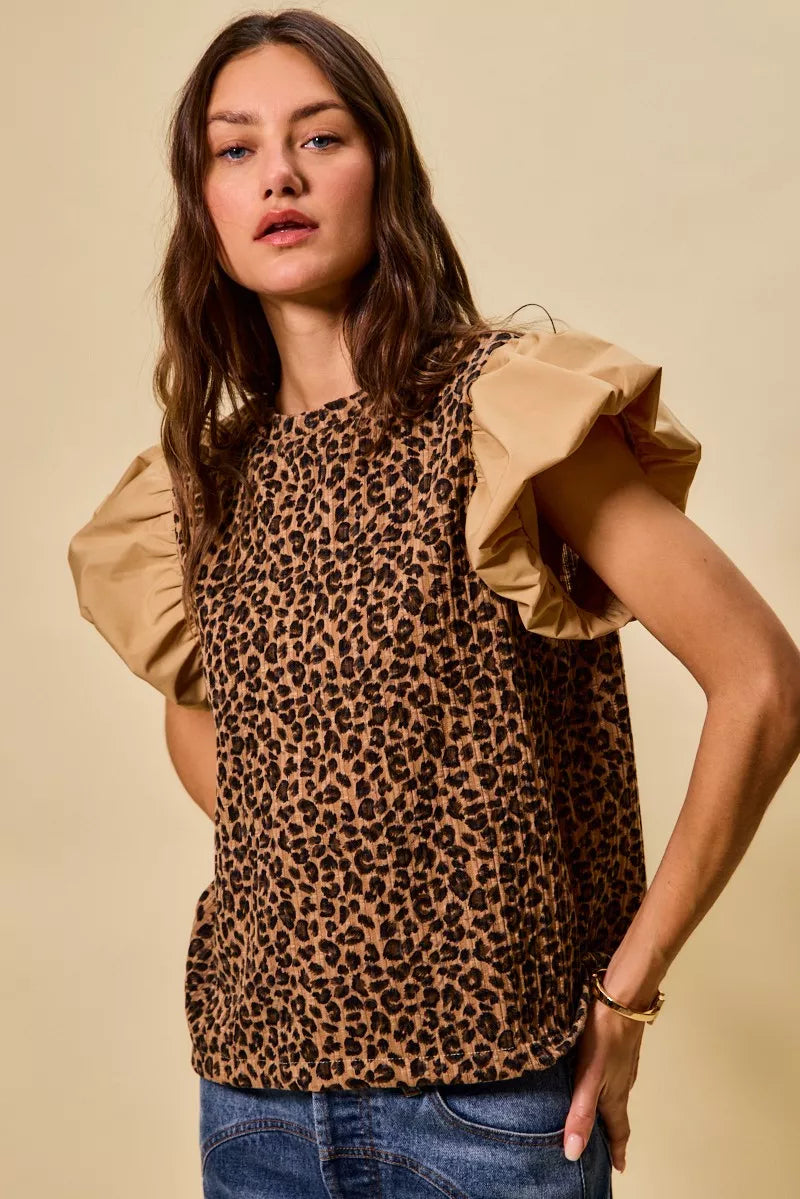 Leopard Pointelle Knit Top with Puff Sleeves