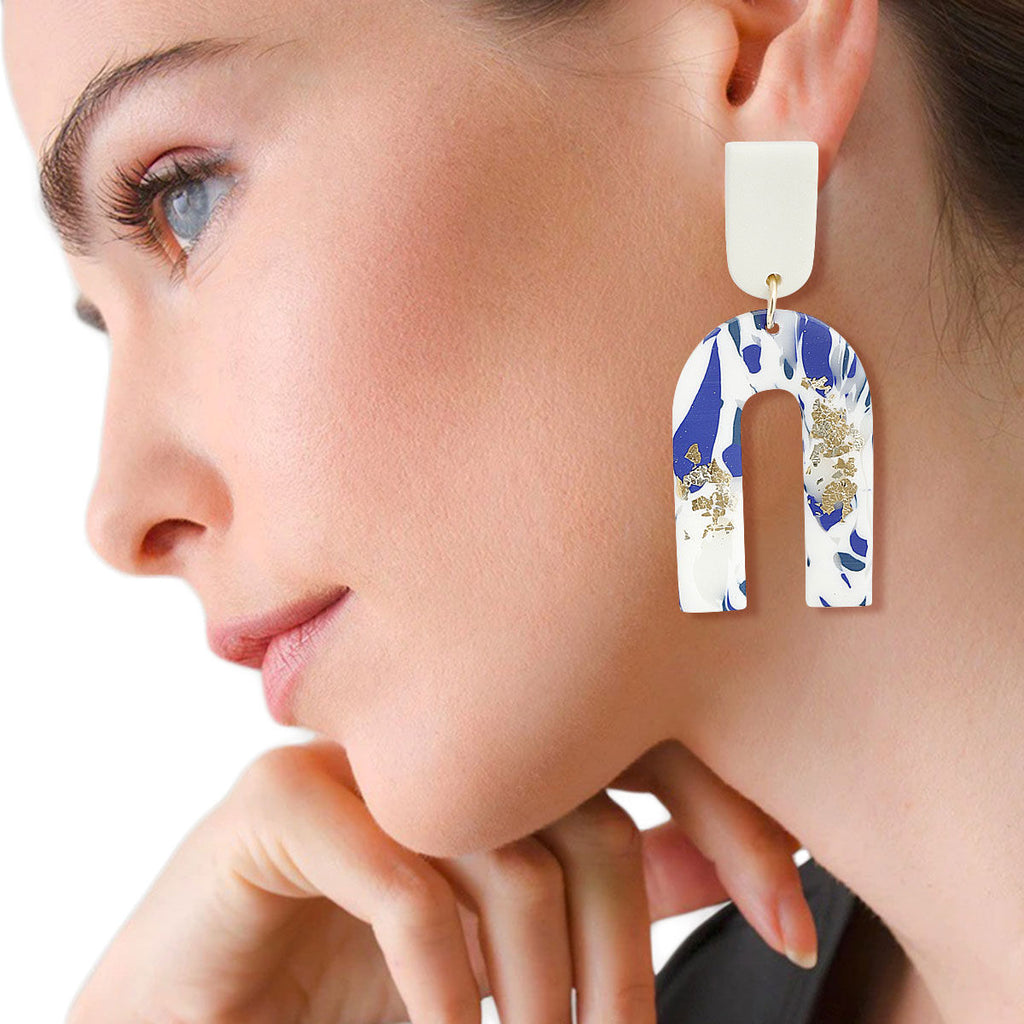 U Drop Earrings Blue and White Marbled Clay Stylish Statement Jewelry