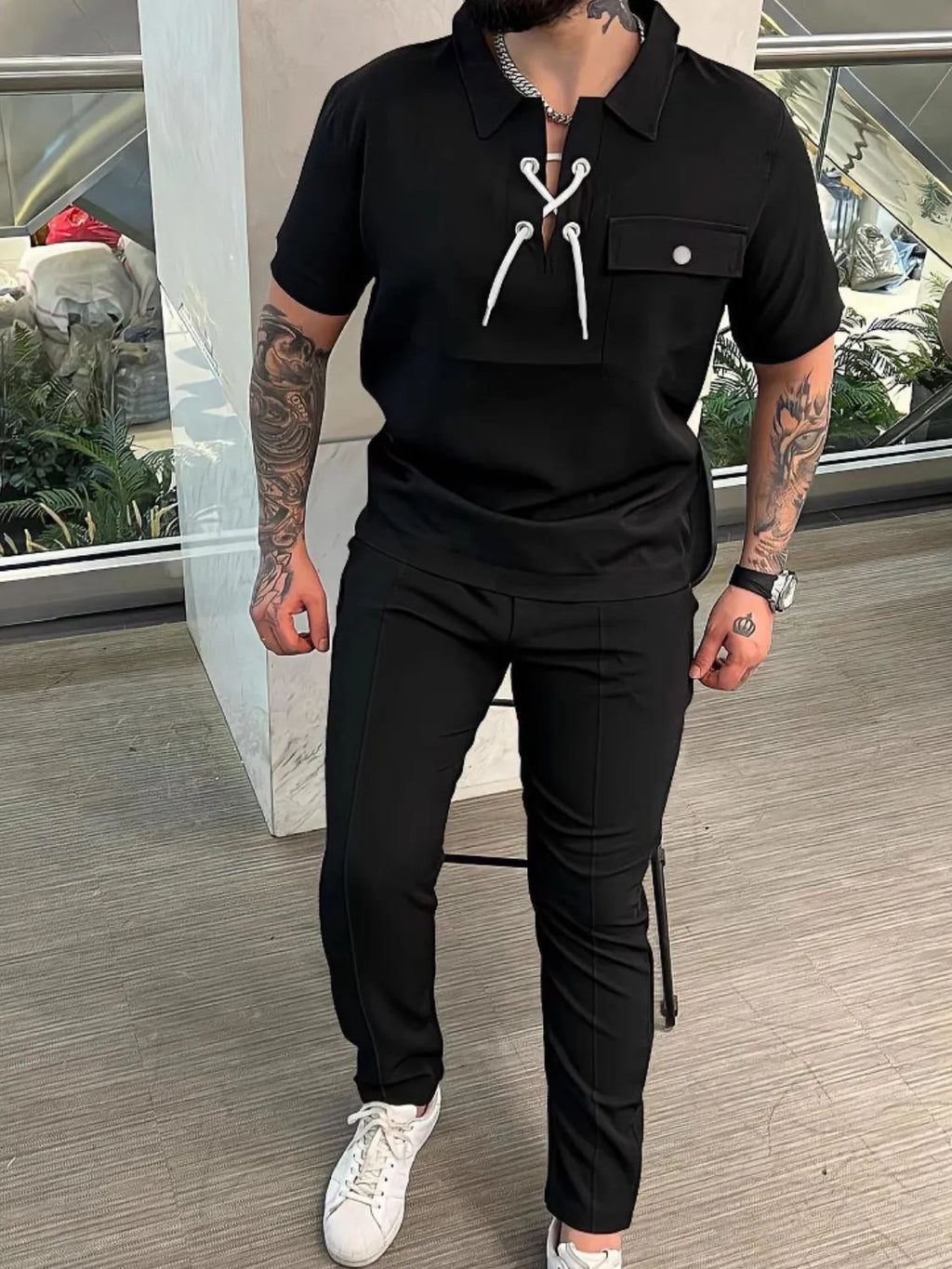 Men's Full Size Lace Up Short Sleeve Top and Pants Plus Size