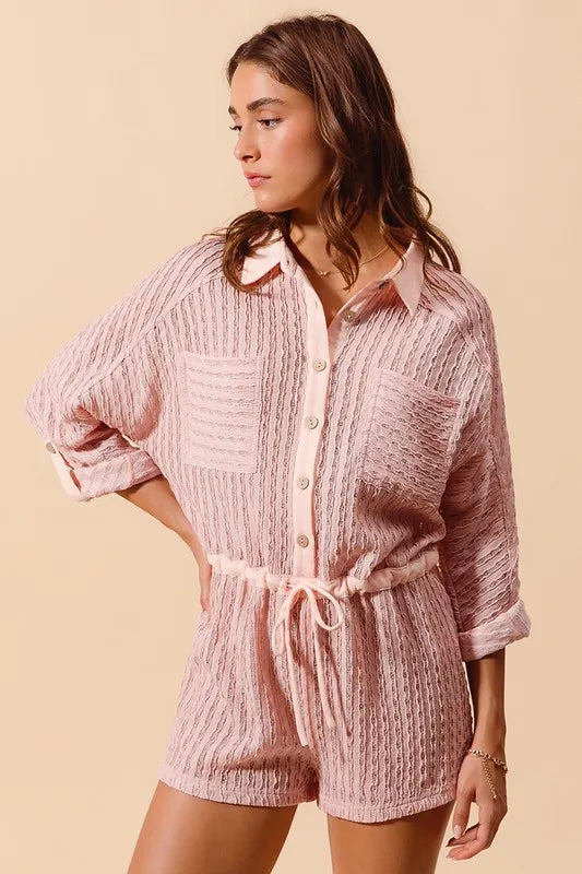 Textured Knit Button Front Romper